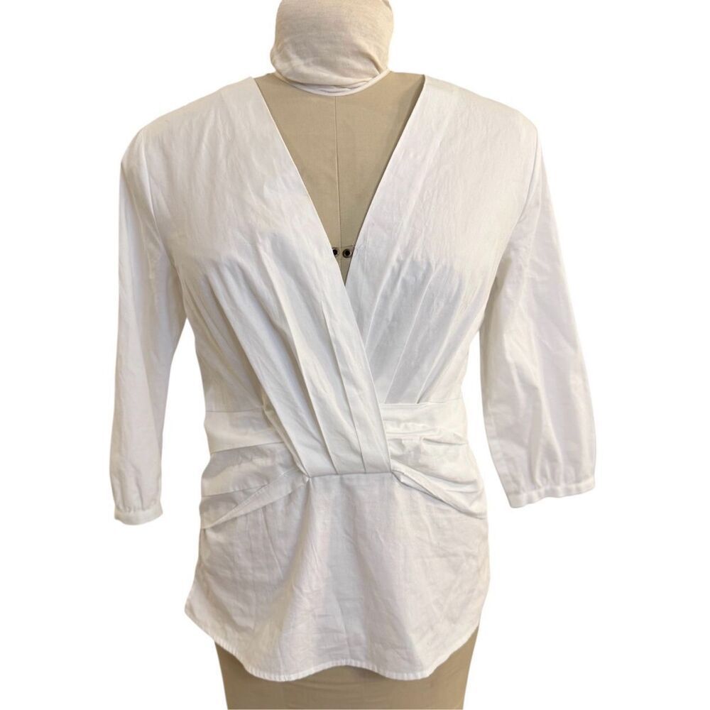 Madison V-Neck White Blouse Gathered Waist Small 3/4 Sleeve Crisp